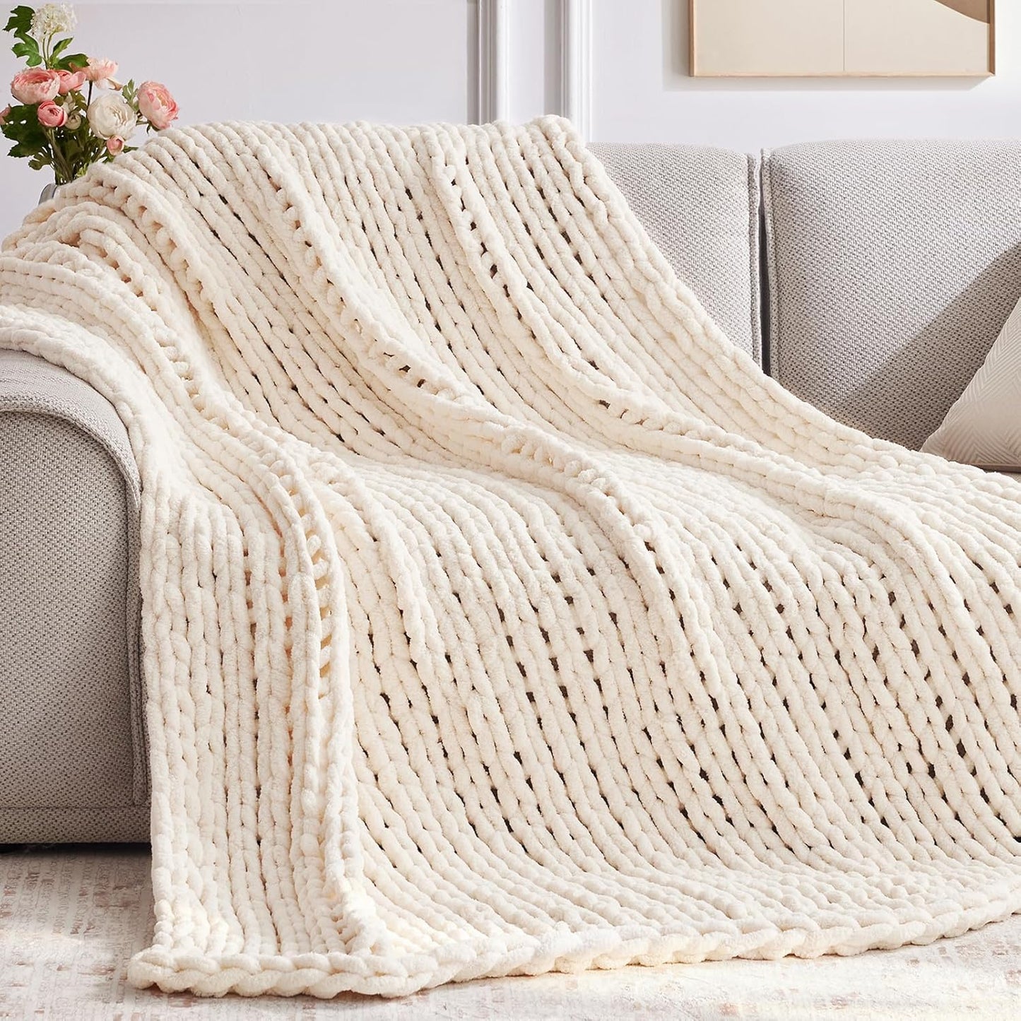 Cozy & Cute Chunky Knit Blanket – Machine Washable Chenille Throw for Couch, Bed & Home Decor