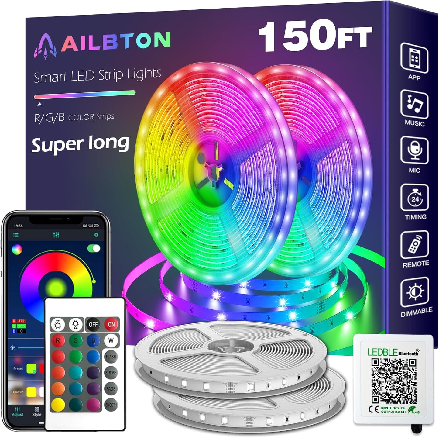 Bluetooth Led Strip Lights, 60ft Music Sync Color Changing.