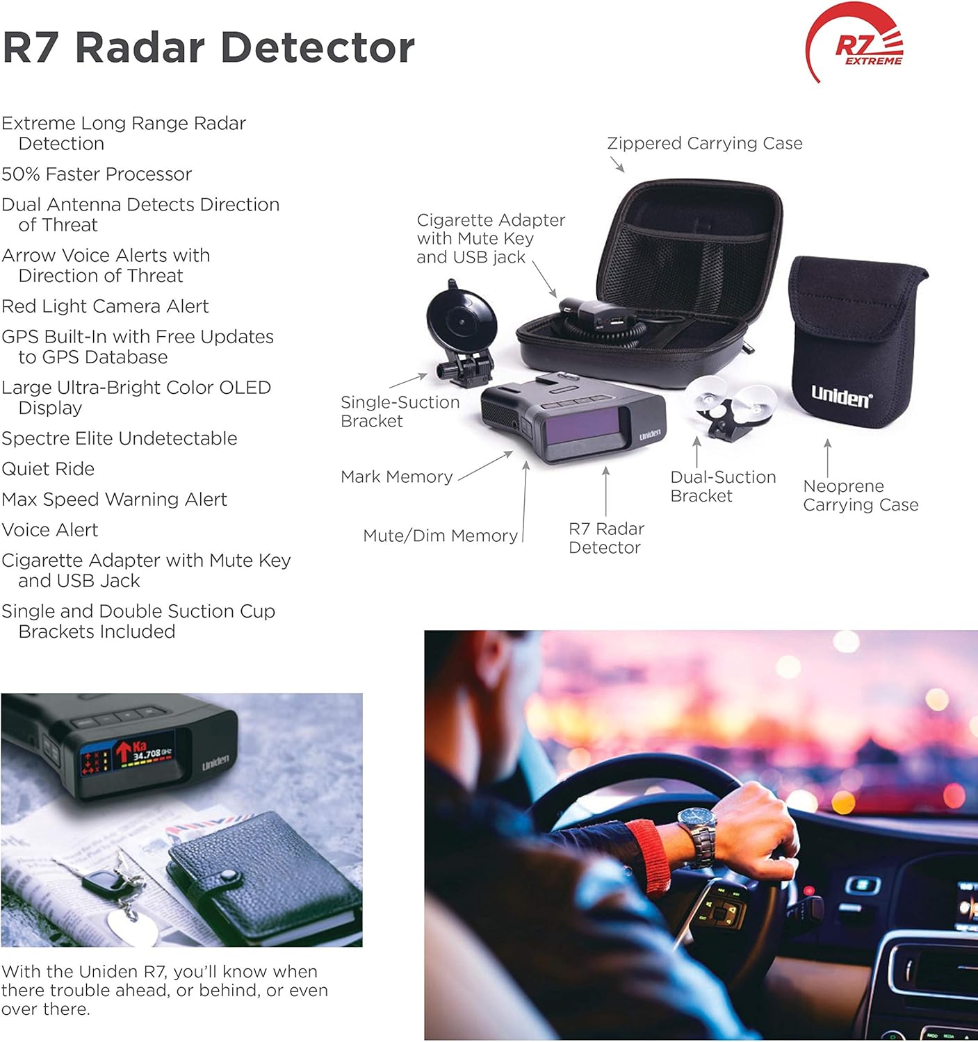 Uniden R7 EXTREME LONG RANGE Laser/Radar Detector, Built-in GPS, Real-Time Alerts, Dual-Antennas Front & Rear w/Directional Arrows, Voice Alerts, Red Light and Speed Camera Alerts