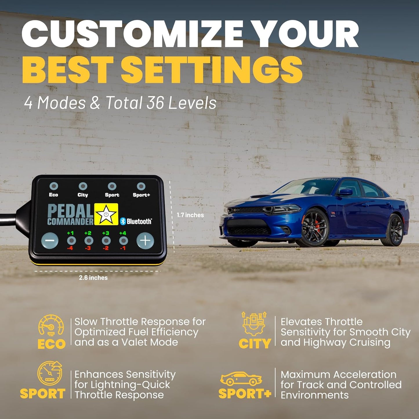 PEDAL COMMANDER for Dodge Charger 2007-2024 - Throttle Response Controller with 4 Driving Modes, 36 Adjustable Levels, Anti-Theft, and App Control - Dodge Charger Performance Accessory