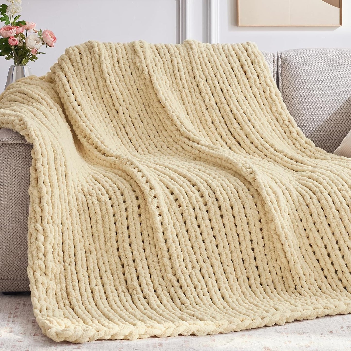 Cozy & Cute Chunky Knit Blanket – Machine Washable Chenille Throw for Couch, Bed & Home Decor