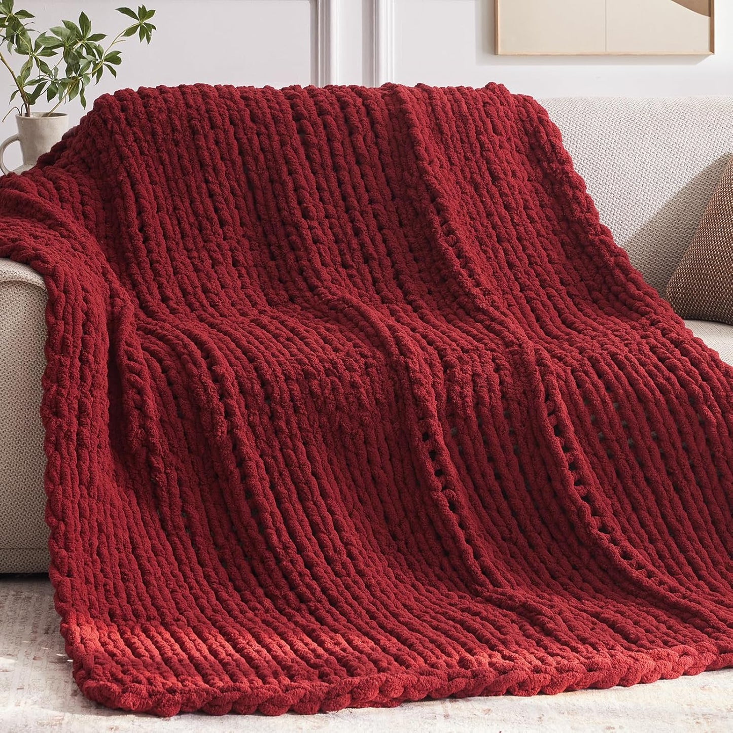 Cozy & Cute Chunky Knit Blanket – Machine Washable Chenille Throw for Couch, Bed & Home Decor