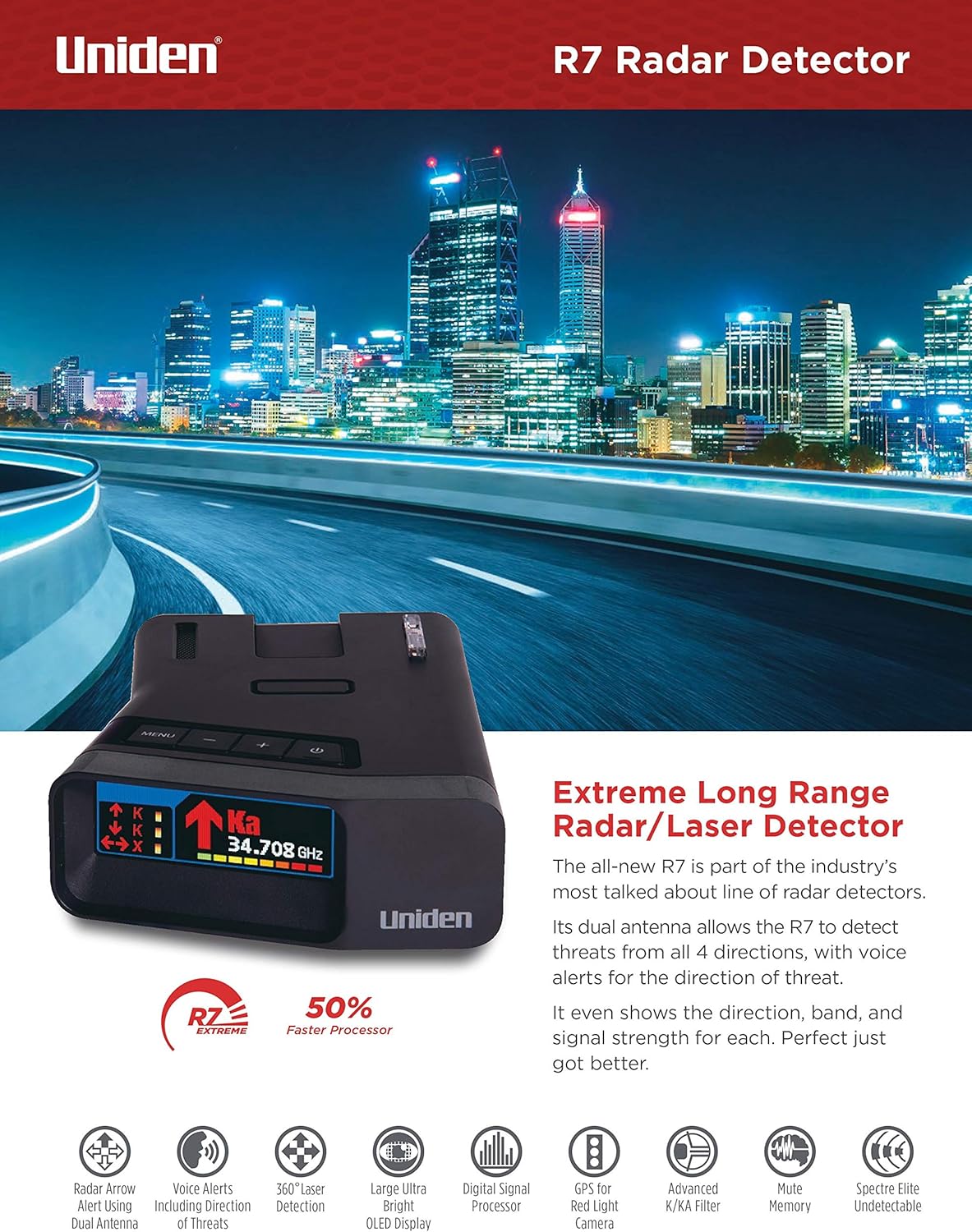 Uniden R7 EXTREME LONG RANGE Laser/Radar Detector, Built-in GPS, Real-Time Alerts, Dual-Antennas Front & Rear w/Directional Arrows, Voice Alerts, Red Light and Speed Camera Alerts