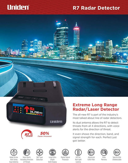Uniden R7 EXTREME LONG RANGE Laser/Radar Detector, Built-in GPS, Real-Time Alerts, Dual-Antennas Front & Rear w/Directional Arrows, Voice Alerts, Red Light and Speed Camera Alerts