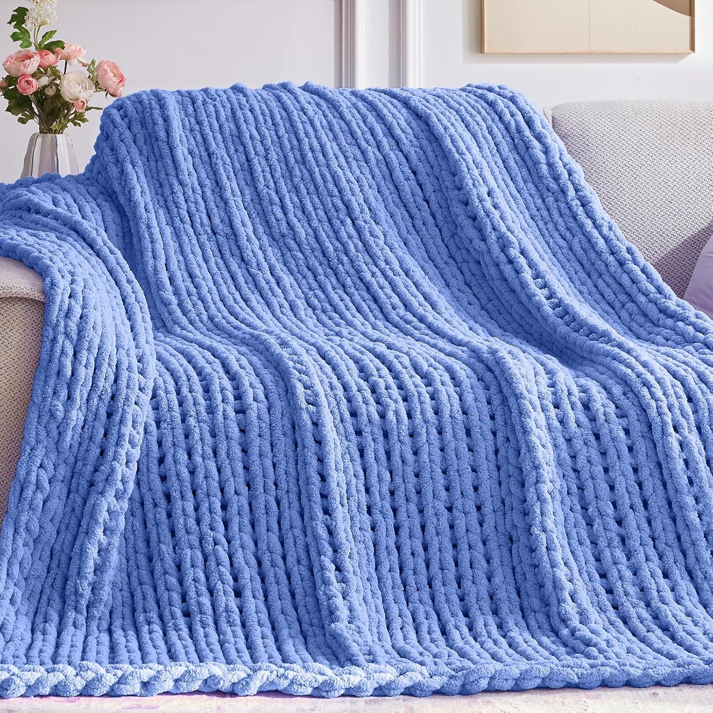 Cozy & Cute Chunky Knit Blanket – Machine Washable Chenille Throw for Couch, Bed & Home Decor