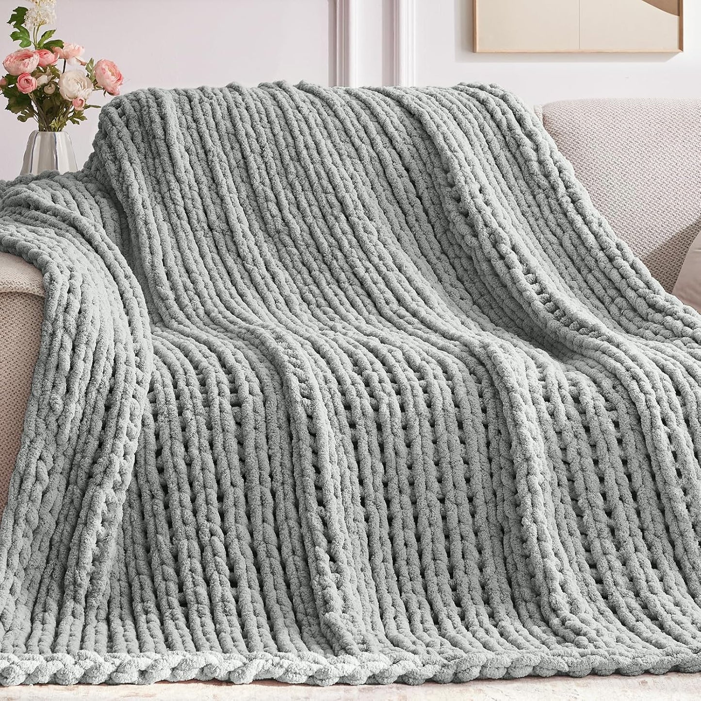Cozy & Cute Chunky Knit Blanket – Machine Washable Chenille Throw for Couch, Bed & Home Decor