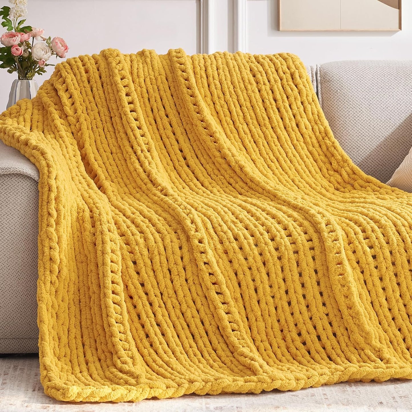Cozy & Cute Chunky Knit Blanket – Machine Washable Chenille Throw for Couch, Bed & Home Decor