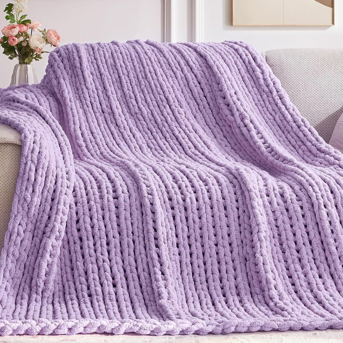 Cozy & Cute Chunky Knit Blanket – Machine Washable Chenille Throw for Couch, Bed & Home Decor