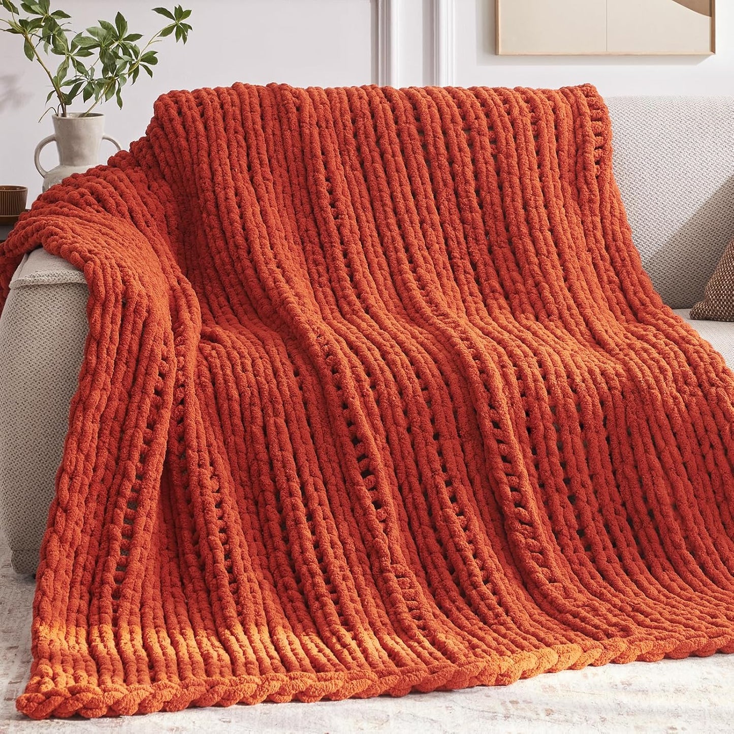 Cozy & Cute Chunky Knit Blanket – Machine Washable Chenille Throw for Couch, Bed & Home Decor